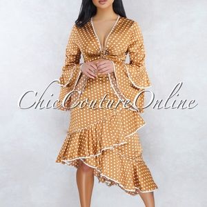 Luciana Ochre White Polka Dots Ruffle Silky Set